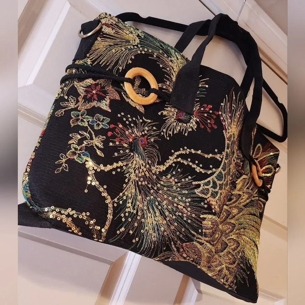 Vintage Embroidery new in bag black peacock sequin shoulder bag